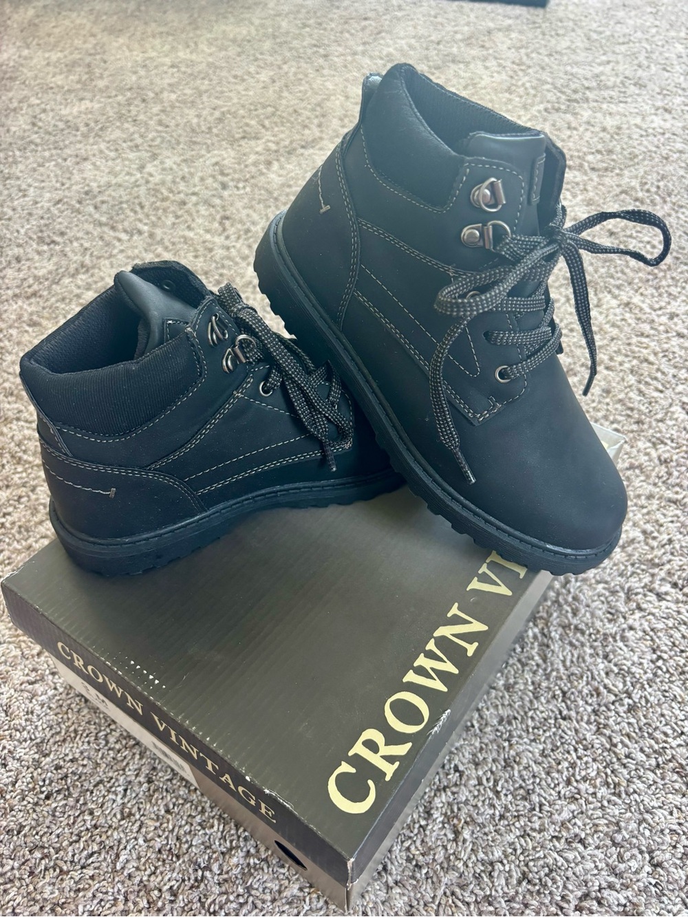 NIB Crown Vintage Kids Black Lace-Up Ankle Boots - Comfortable Outdoor Shoes